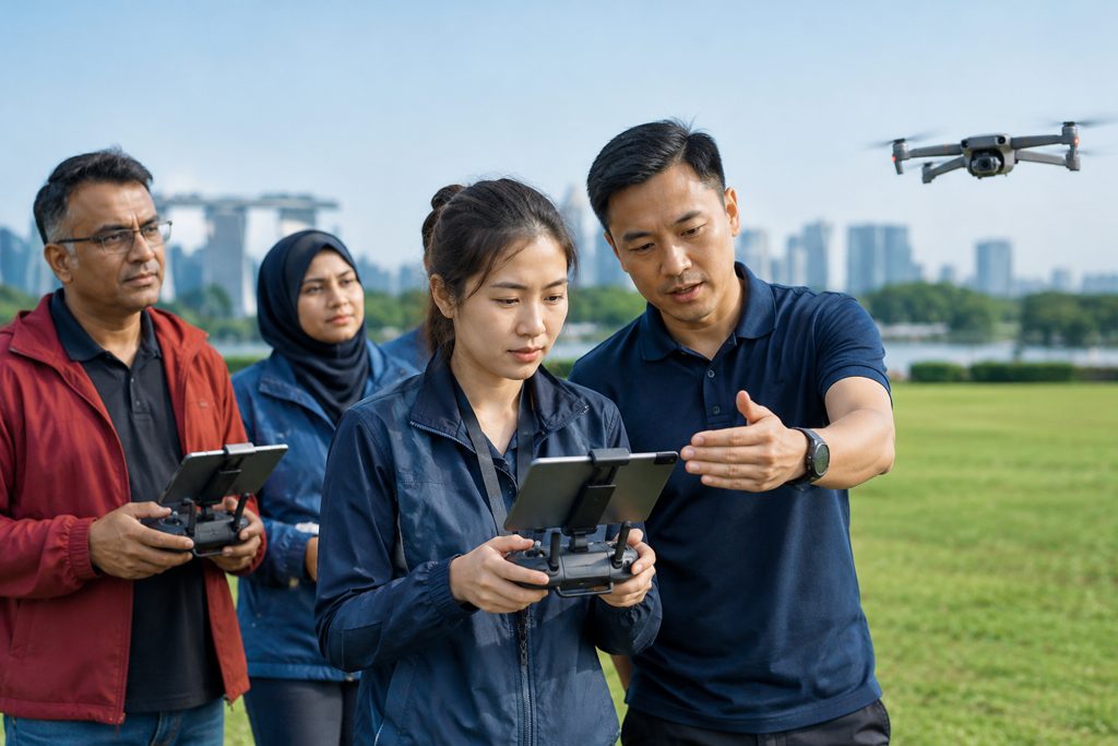 Three learners holding drone controllers on a grass field while an instructor points to a drone in the air.