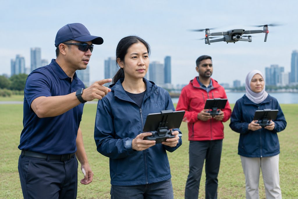 An instructor pointing to a drone in the sky while learners hold controllers on a grass field.