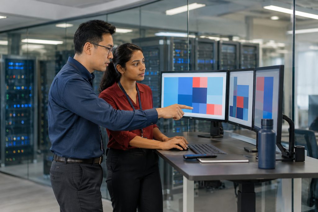 Two engineers at a standing desk with three monitors of coloured blocks, server racks behind a glass wall.