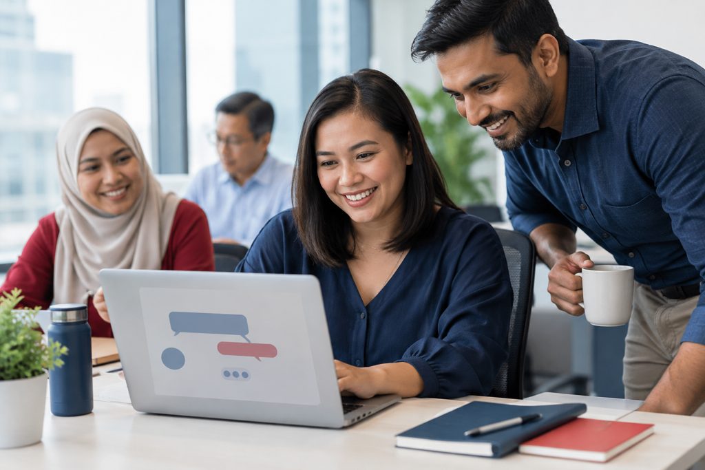 A smiling woman at a laptop with a colleague holding a coffee cup leaning in beside her.