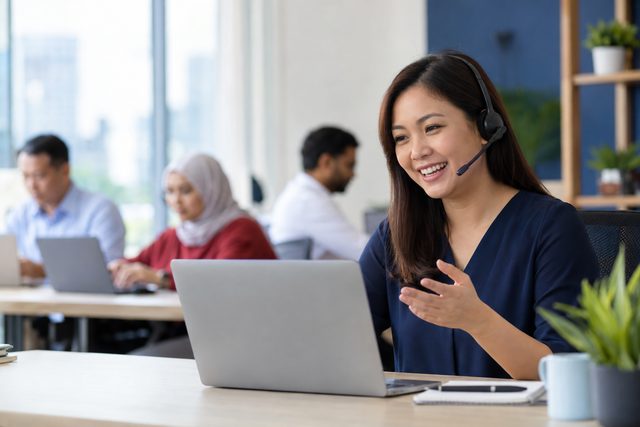 A smiling woman wearing a headset at a laptop, colleagues working at desks behind her.