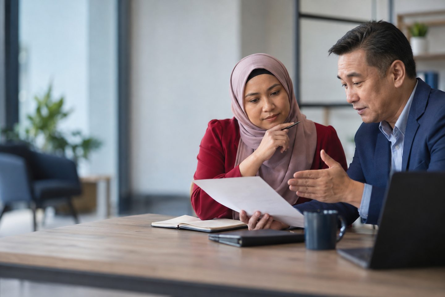 A man in a navy suit explaining a document to a woman in a pink headscarf at a desk with a laptop.