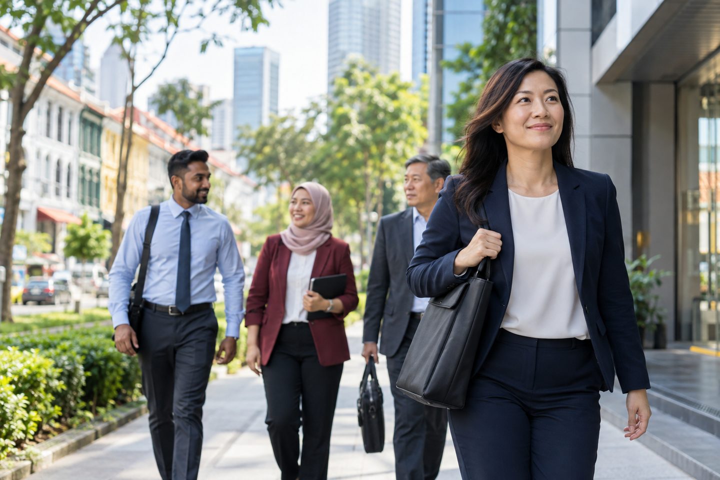 Four office workers walking along a tree-lined city pavement past shophouses, tall towers in the distance.